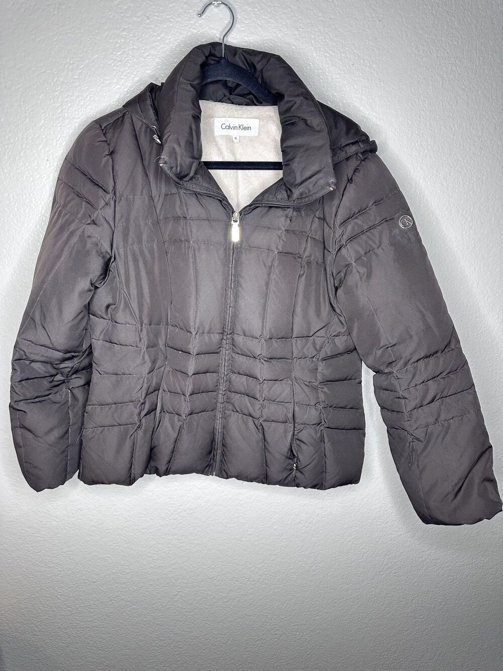 Calvin Klein Jacket Womens Petite Large Brown Hooded Short Puffer Down Zip